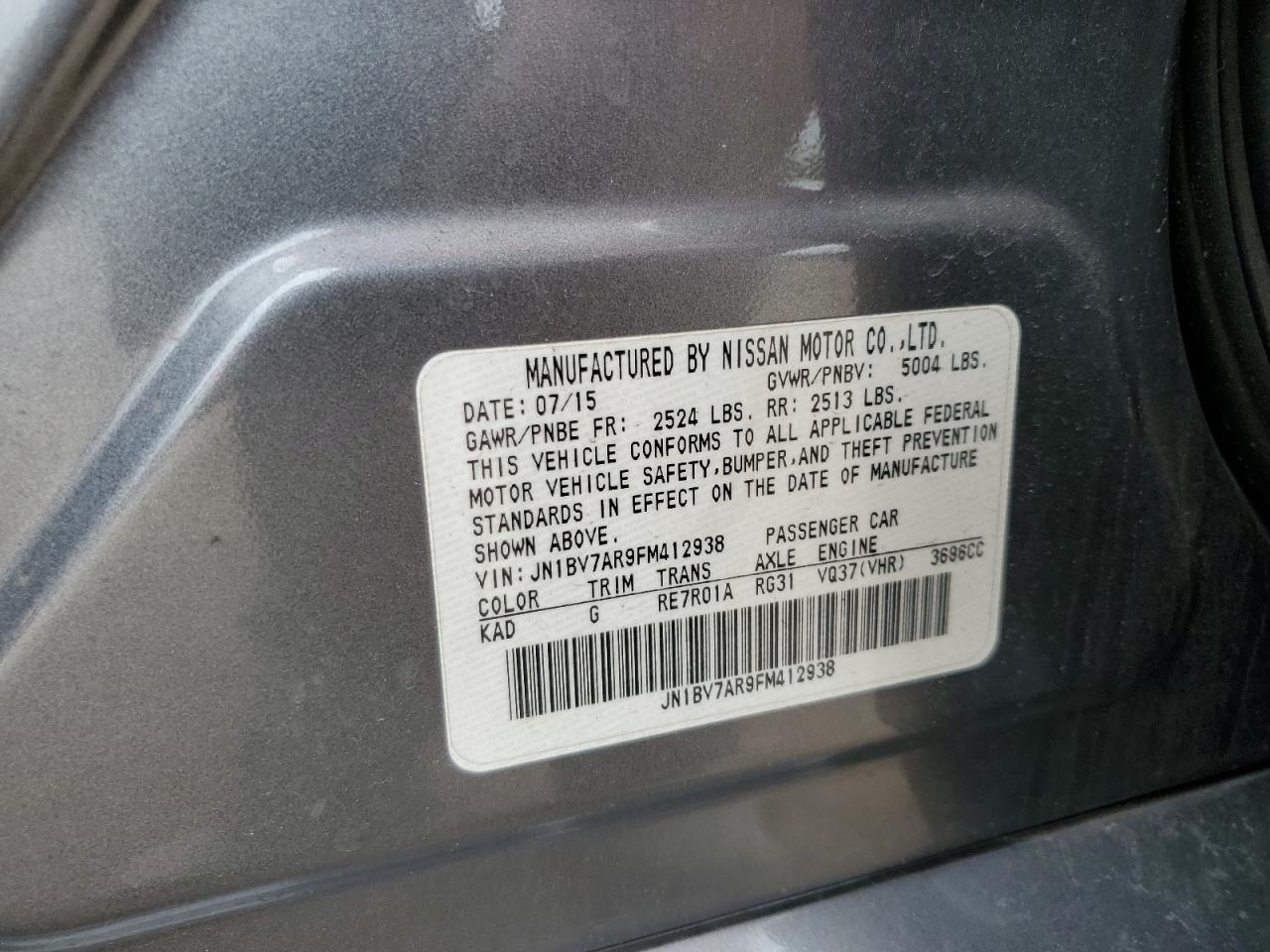 2015 Infiniti Q50 Base VIN: JN1BV7AR9FM412938 Lot: 84431735