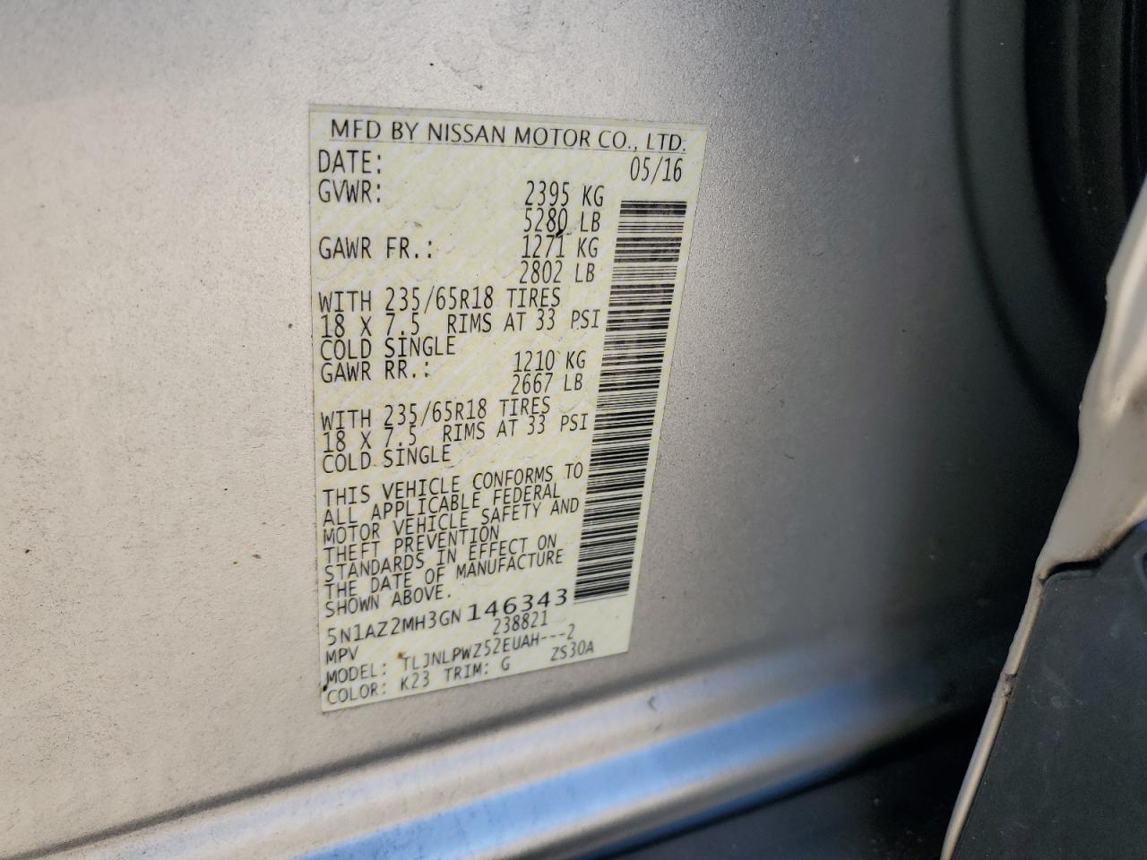 2016 Nissan Murano S VIN: 5N1AZ2MH3GN146343 Lot: 72101615