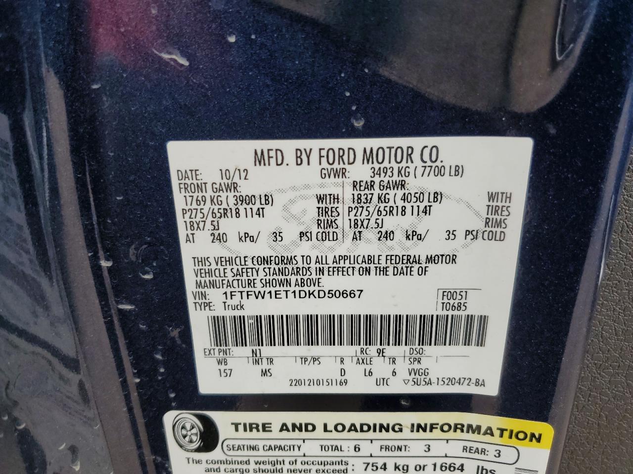 2013 Ford F150 Supercrew VIN: 1FTFW1ET1DKD50667 Lot: 70038385