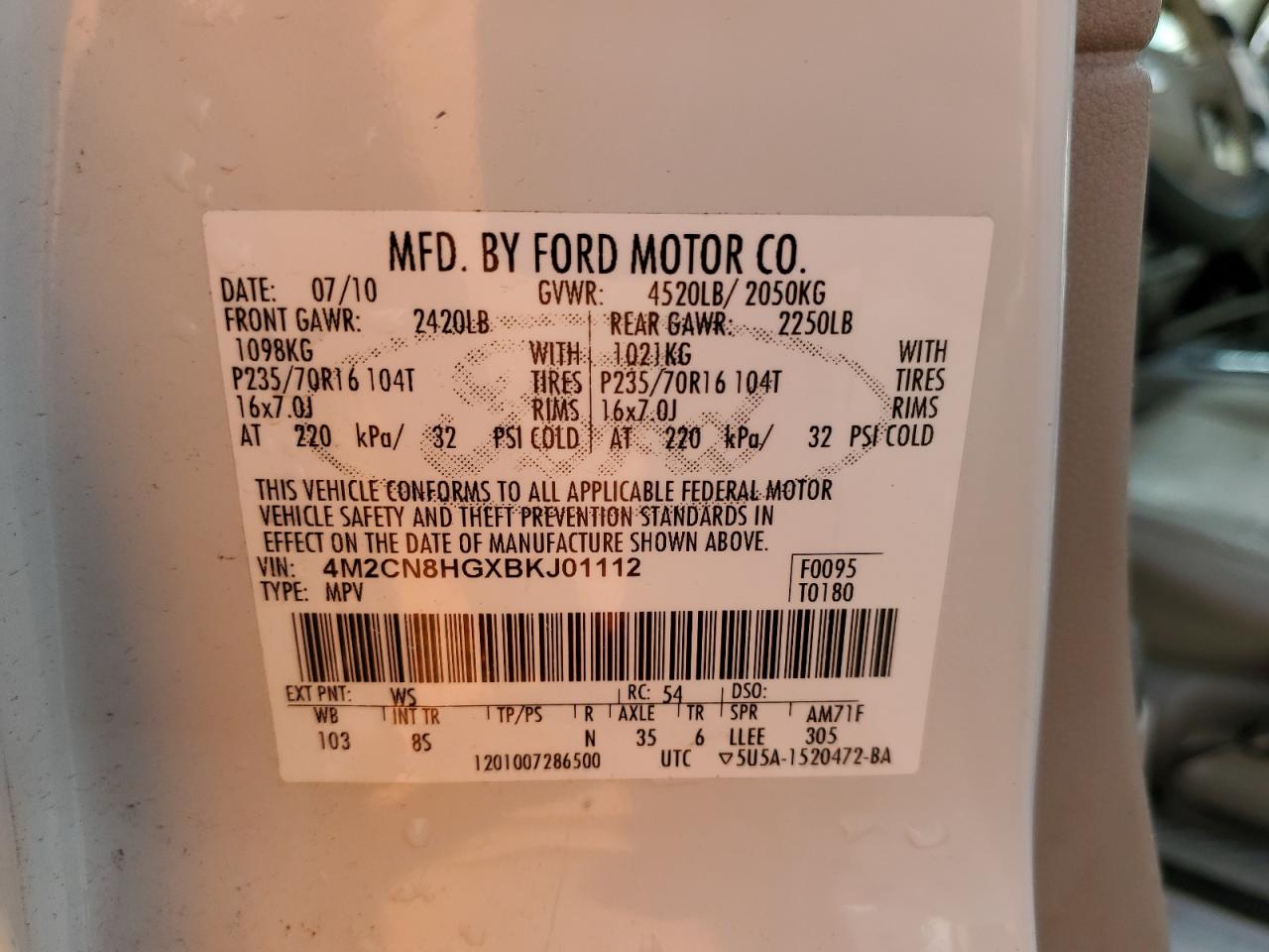 2011 Mercury Mariner Premier VIN: 4M2CN8HGXBKJ01112 Lot: 81825665