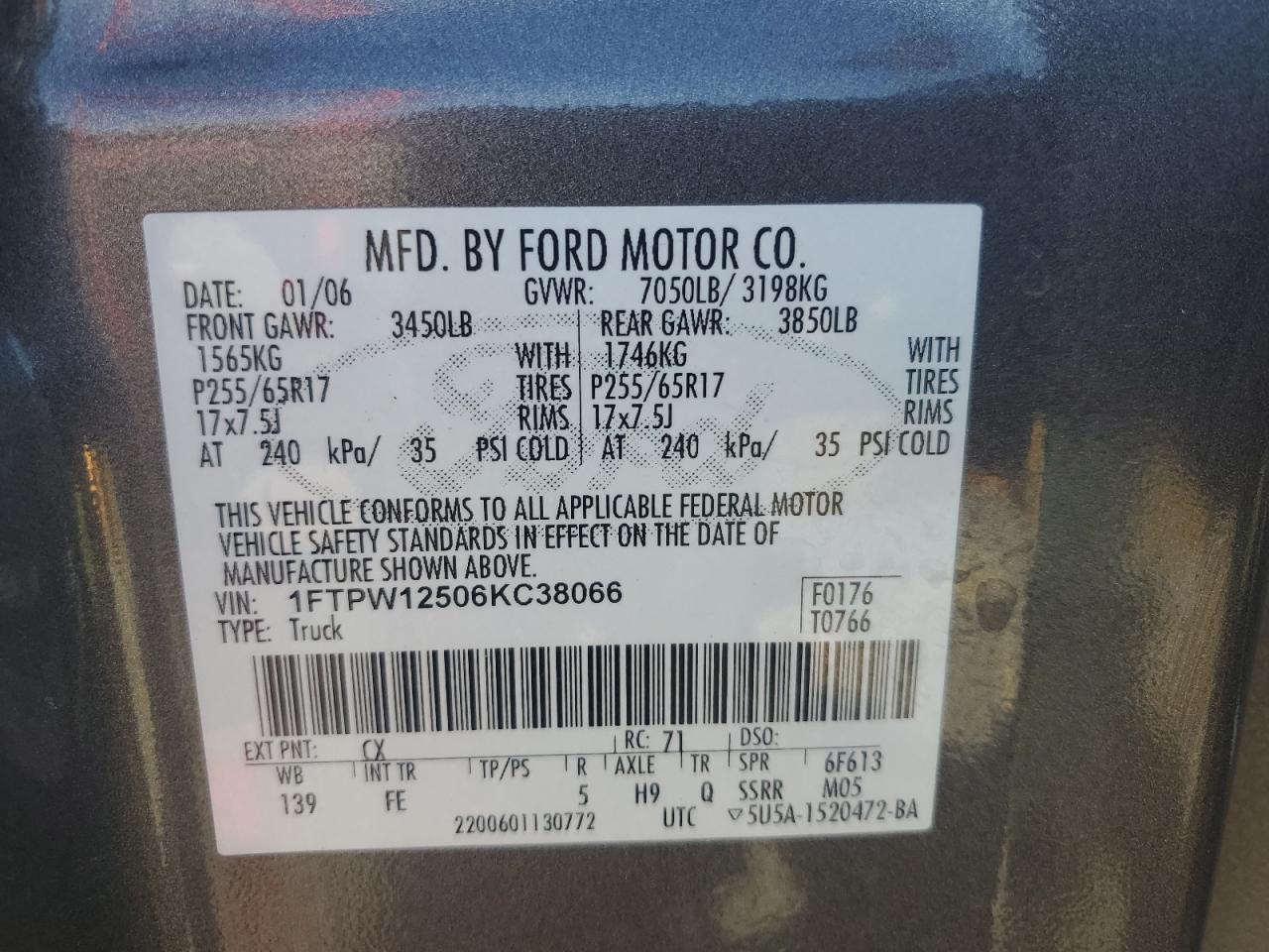 2006 Ford F150 Supercrew VIN: 1FTPW12506KC38066 Lot: 83853765