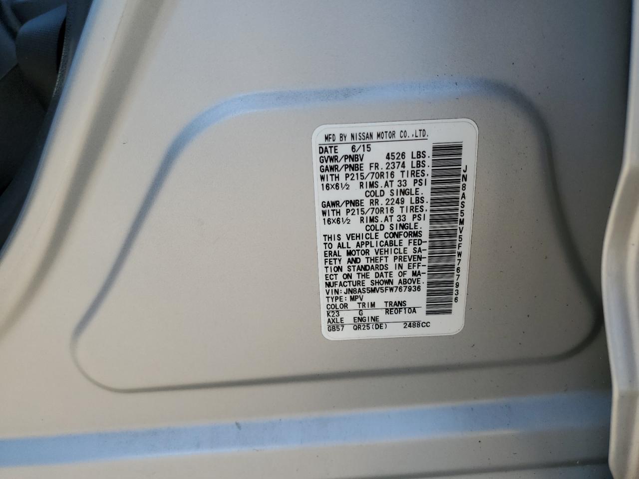 2015 Nissan Rogue Select S VIN: JN8AS5MV5FW767936 Lot: 80865035