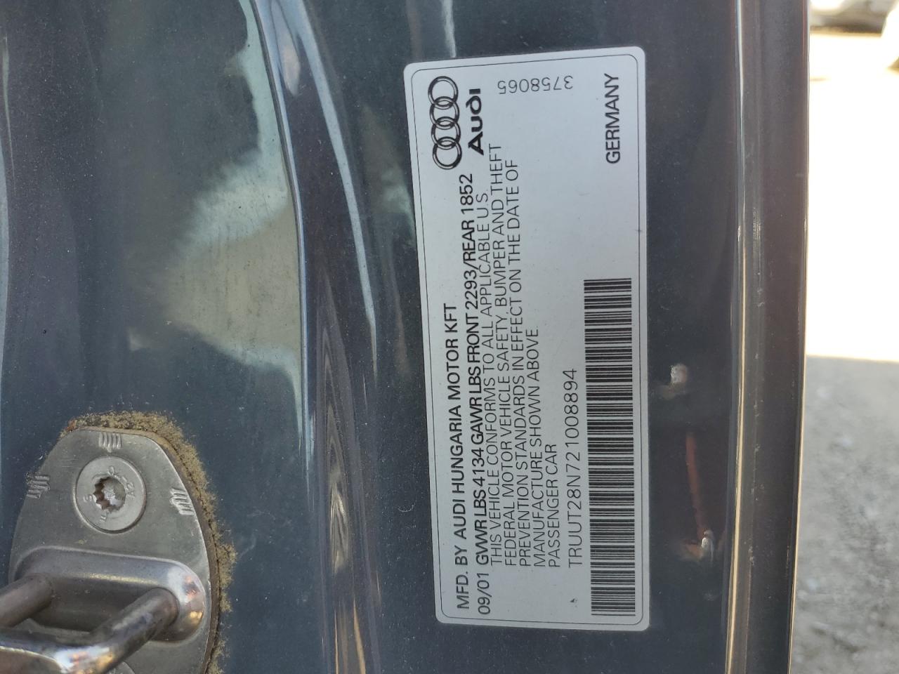 2002 Audi Tt Quattro VIN: TRUUT28N721008894 Lot: 80303315