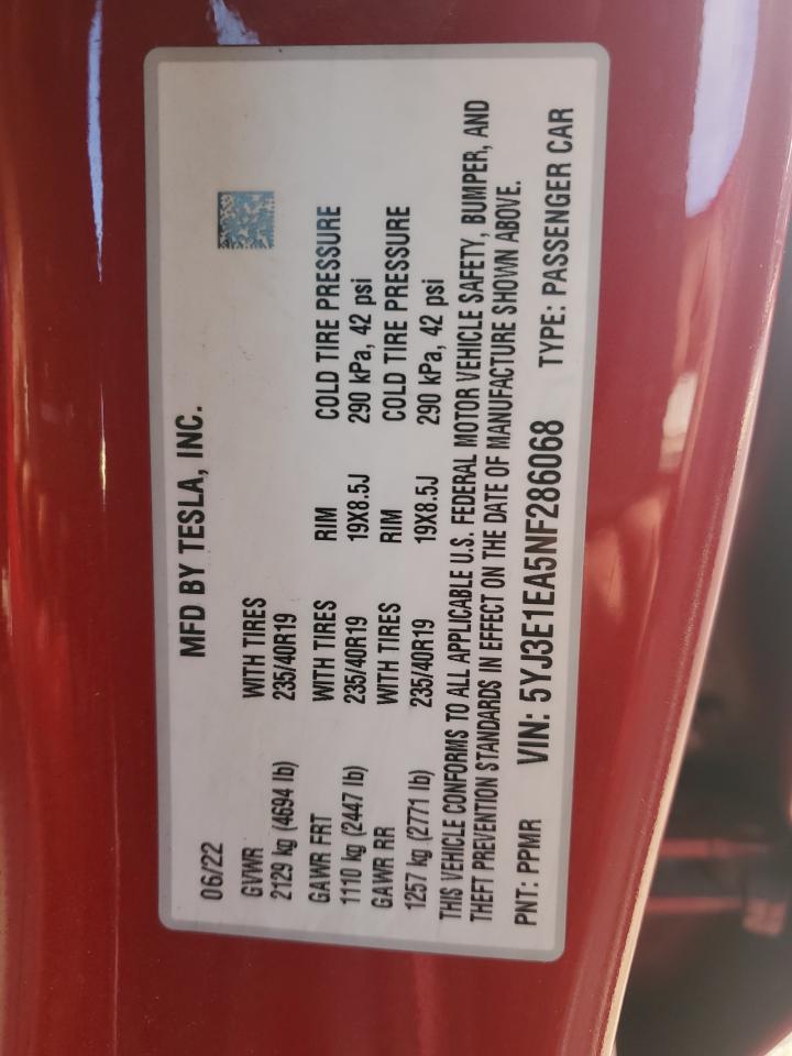 2022 Tesla Model 3 VIN: 5YJ3E1EA5NF286068 Lot: 83982425