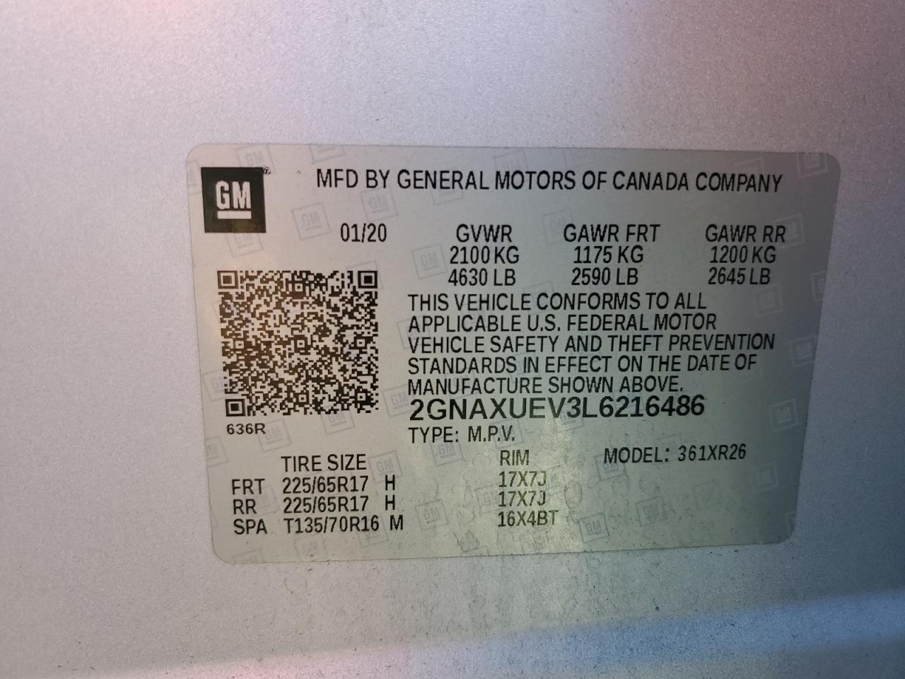 2020 Chevrolet Equinox Lt VIN: 2GNAXUEV3L6216486 Lot: 80140985