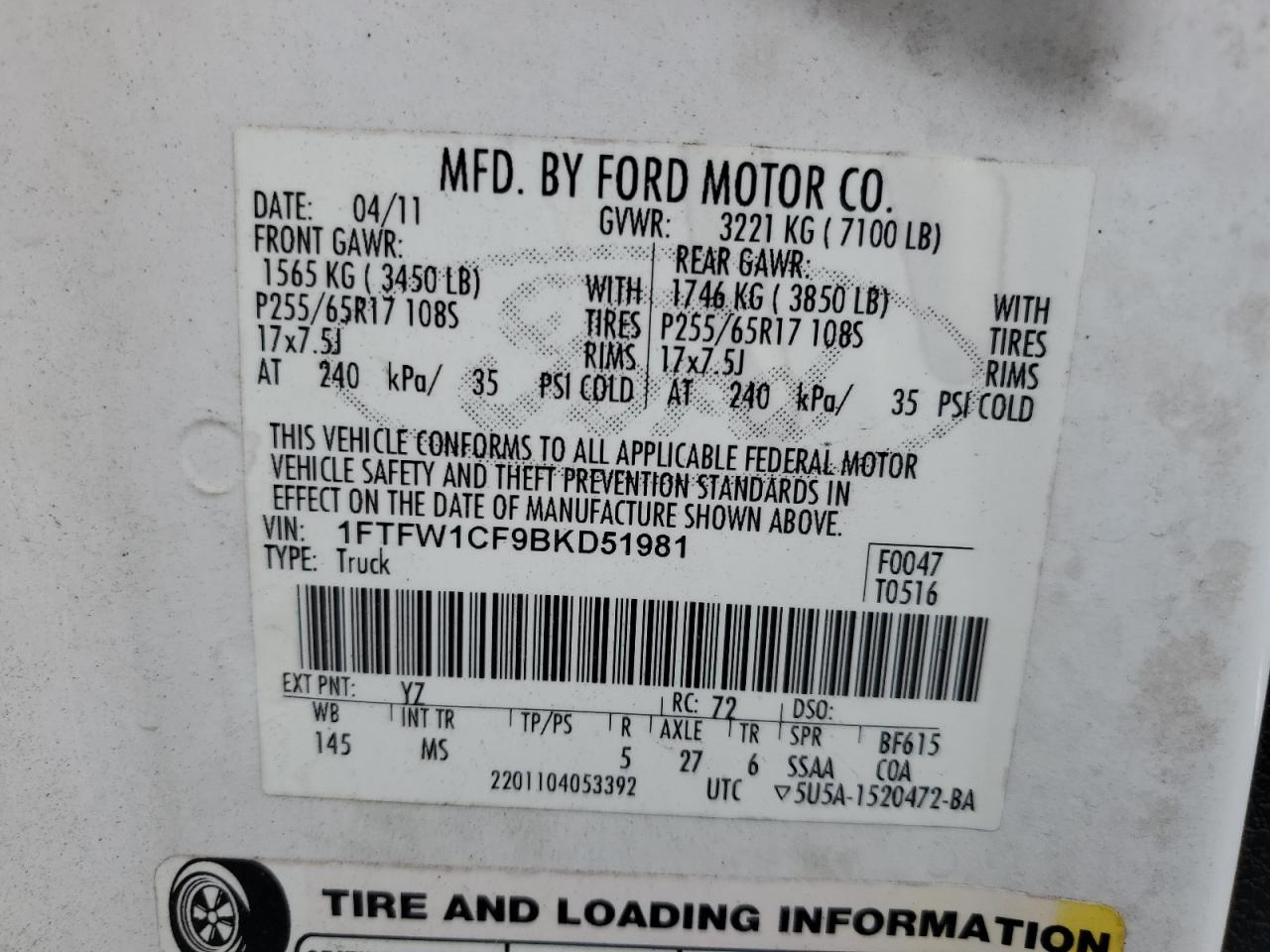 2011 Ford F150 Supercrew VIN: 1FTFW1CF9BKD51981 Lot: 82029665