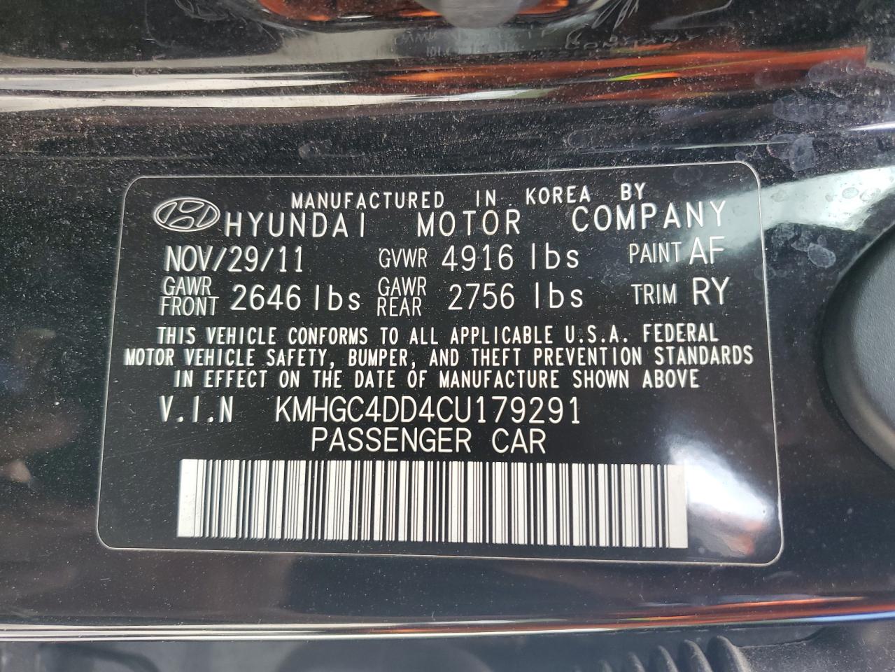 2012 Hyundai Genesis 3.8L VIN: KMHGC4DD4CU179291 Lot: 81490985