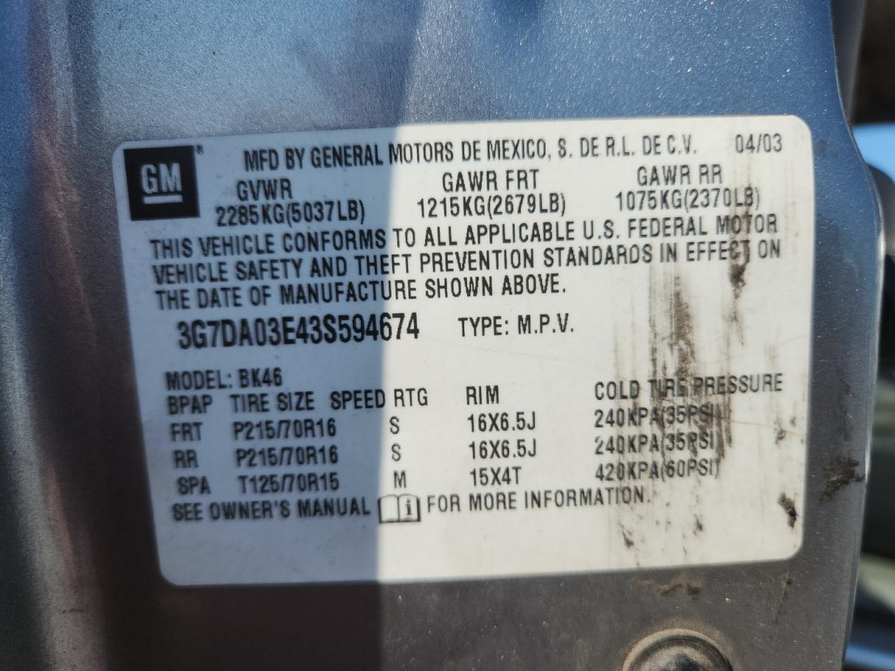 2003 Pontiac Aztek VIN: 3G7DA03E43S594674 Lot: 80467005