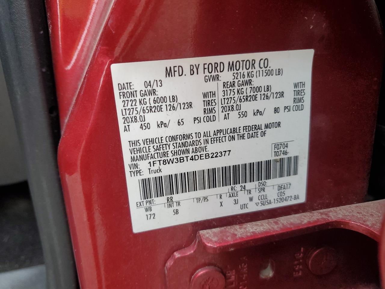 2013 Ford F350 Super Duty VIN: 1FT8W3BT4DEB22377 Lot: 81007775