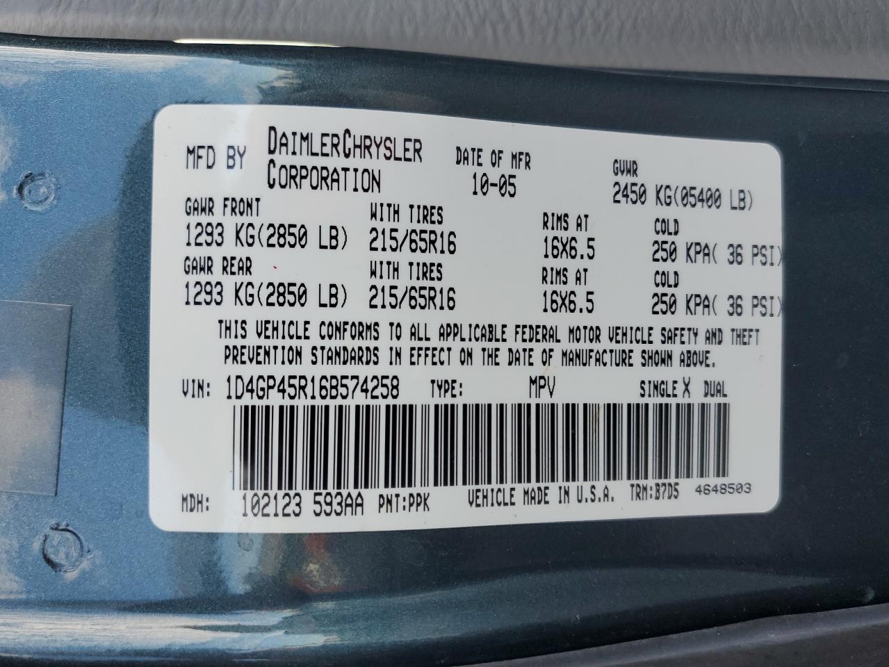 2006 Dodge Caravan Sxt VIN: 1D4GP45R16B574258 Lot: 82119895