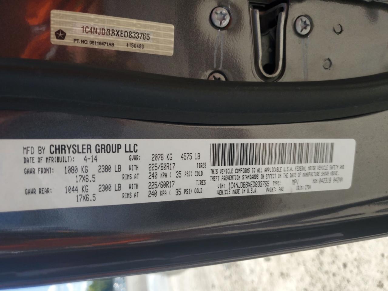 2014 Jeep Compass Sport VIN: 1C4NJDBBXED833765 Lot: 71502105