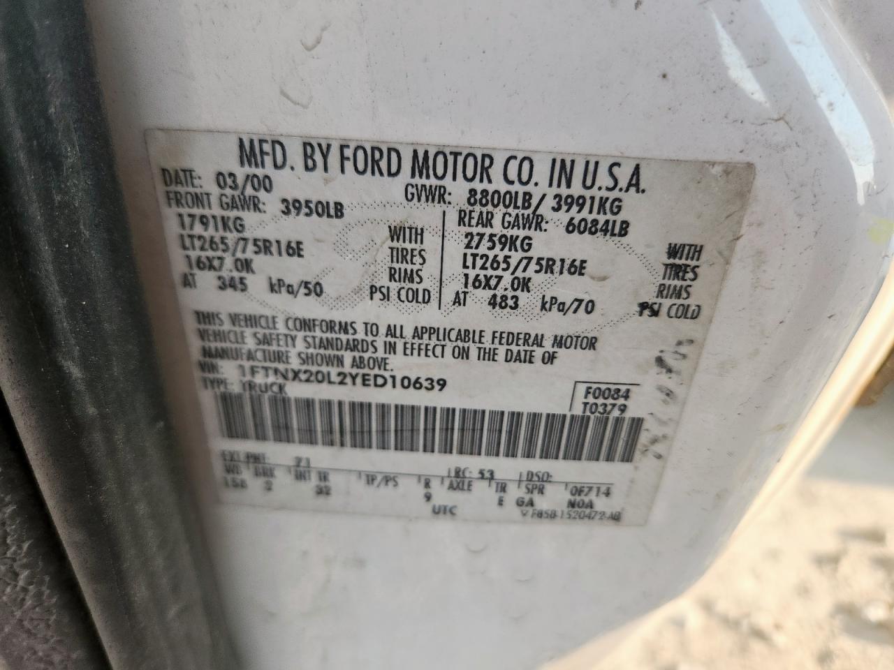 2000 Ford F250 Super Duty VIN: 1FTNX20L2YED10639 Lot: 81487545