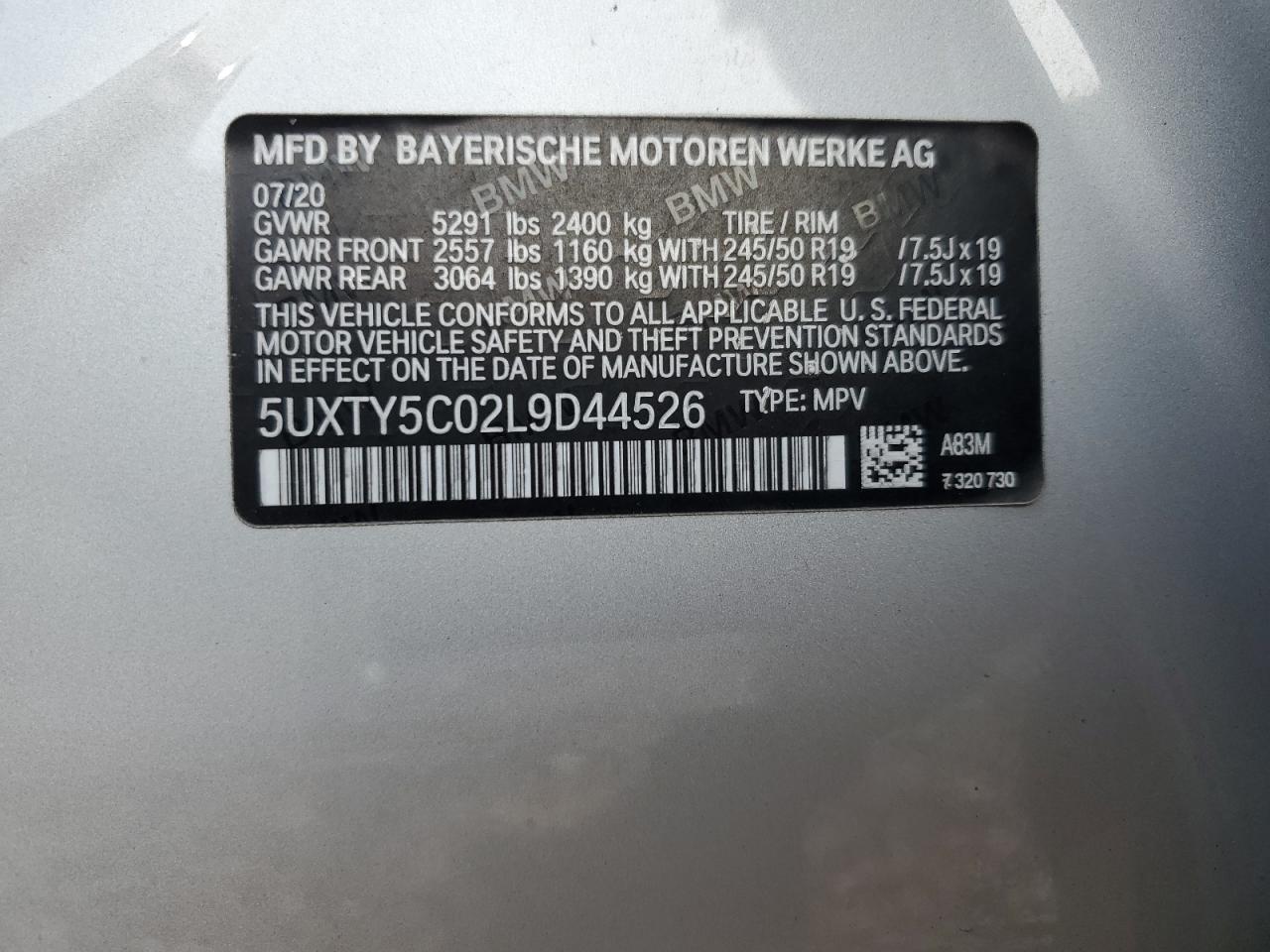 2020 BMW X3 xDrive30I VIN: 5UXTY5C02L9D44526 Lot: 84362005