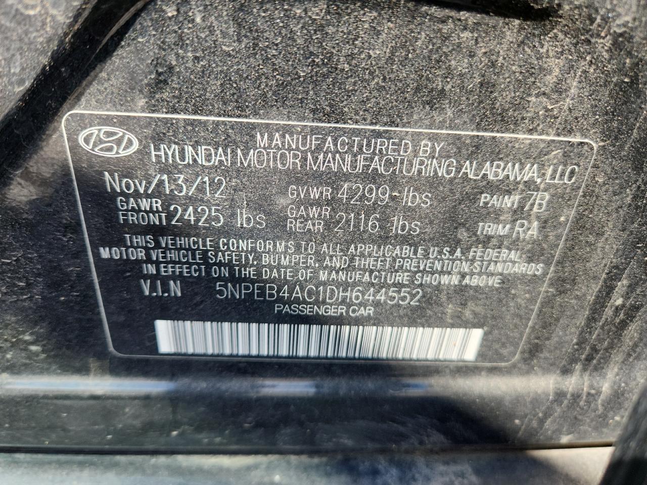 2013 Hyundai Sonata Gls VIN: 5NPEB4AC1DH644552 Lot: 84008205
