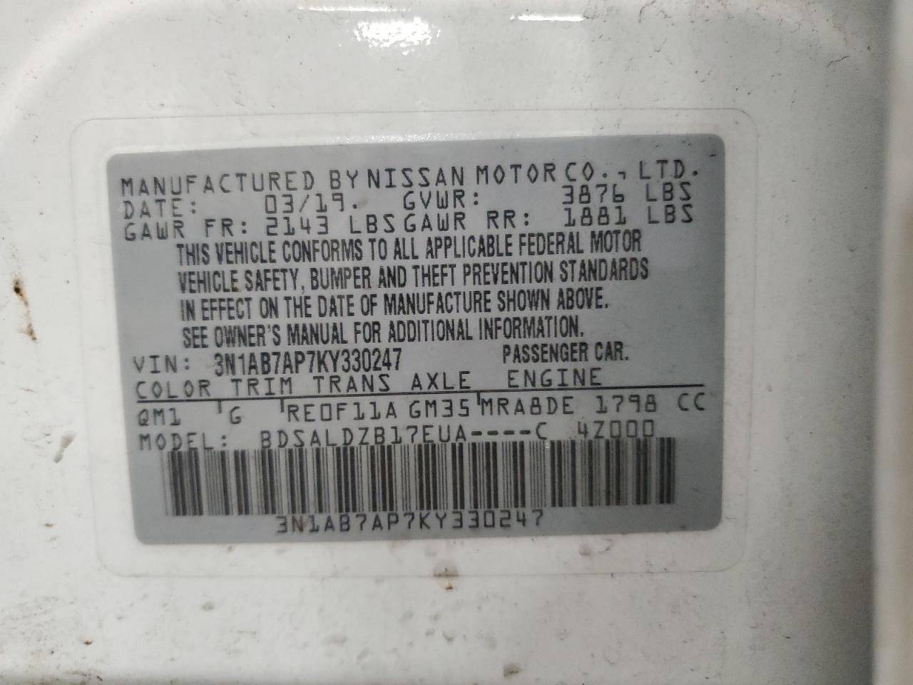 2019 Nissan Sentra S VIN: 3N1AB7AP7KY330247 Lot: 81160895