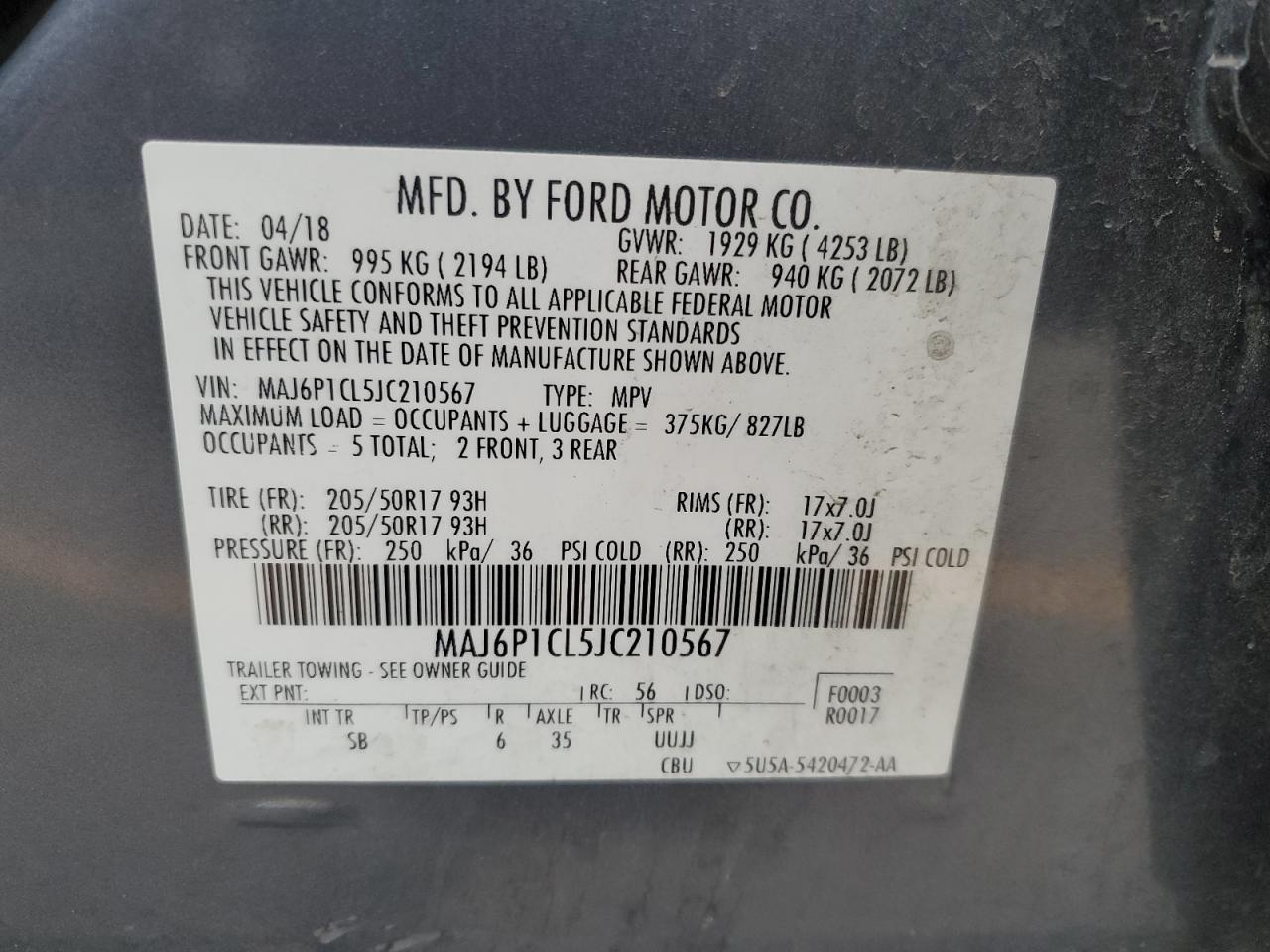 2018 Ford Ecosport Ses VIN: MAJ6P1CL5JC210567 Lot: 87082195