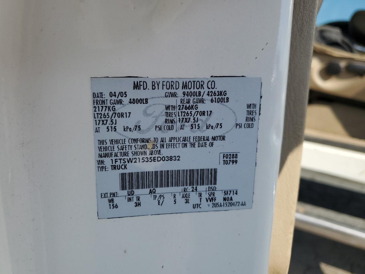 2005 Ford F250 Super Duty VIN: 1FTSW21535ED03832 Lot: 81332175