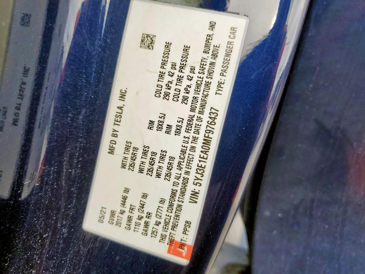 2021 Tesla Model 3 VIN: 5YJ3E1EA0MF976437 Lot: 80522745