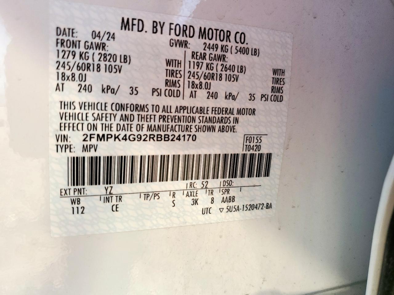 2024 Ford Edge Se VIN: 2FMPK4G92RBB24170 Lot: 81452095