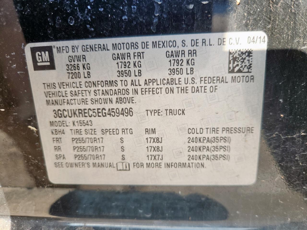 2014 Chevrolet Silverado K1500 Lt VIN: 3GCUKREC5EG459496 Lot: 84023975