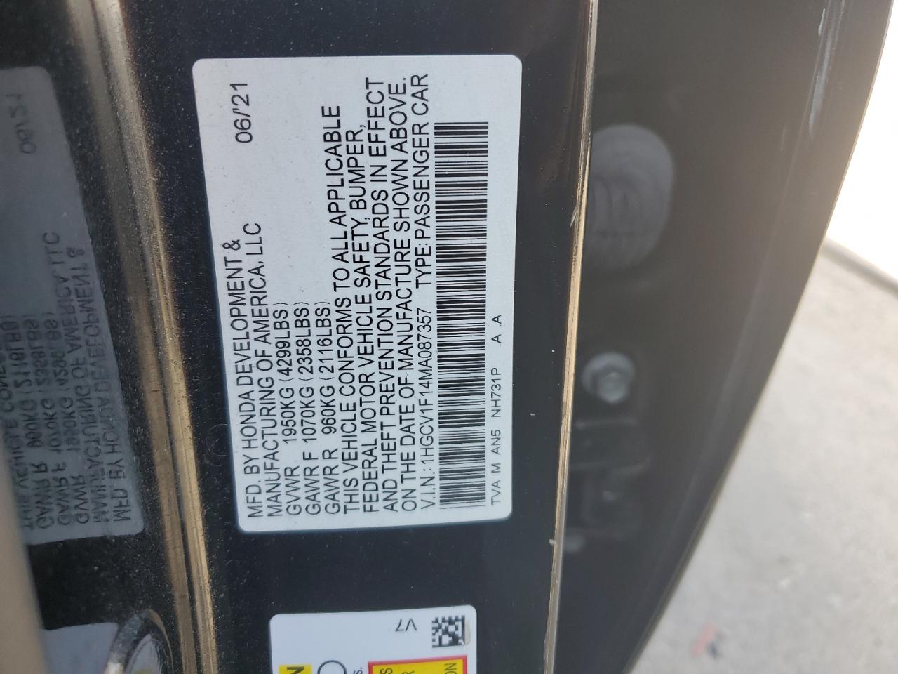 2021 Honda Accord Lx VIN: 1HGCV1F14MA087357 Lot: 71058695