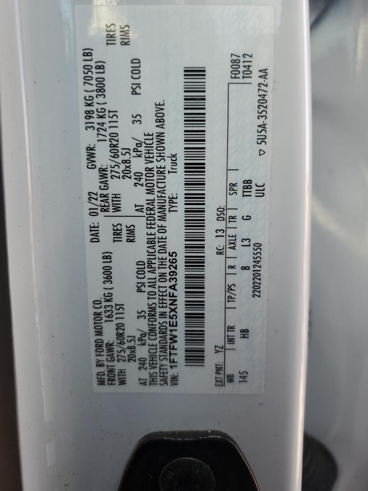 2022 Ford F150 Supercrew VIN: 1FTFW1E5XNFA39265 Lot: 80652155