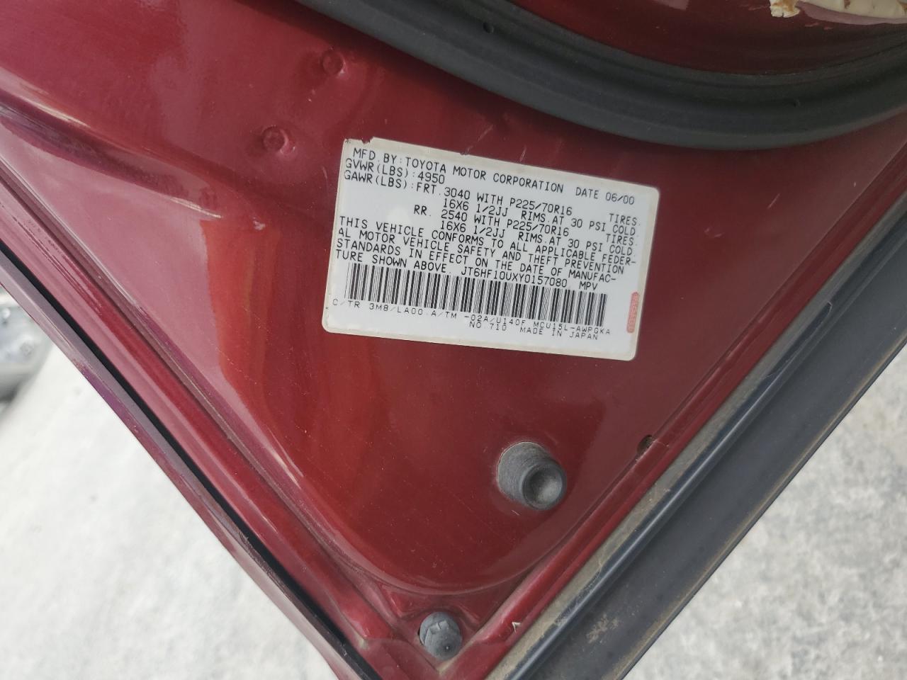 2000 Lexus Rx 300 VIN: JT6HF10UXY0157080 Lot: 83805335