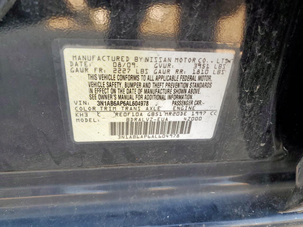 2010 Nissan Sentra 2.0 VIN: 3N1AB6AP6AL604978 Lot: 70053395