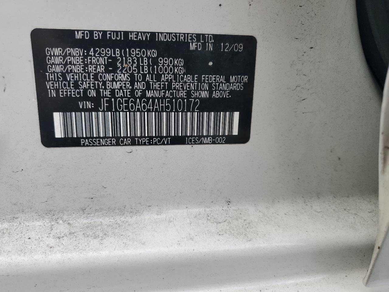 2010 Subaru Impreza 2.5I VIN: JF1GE6A64AH510172 Lot: 80530525