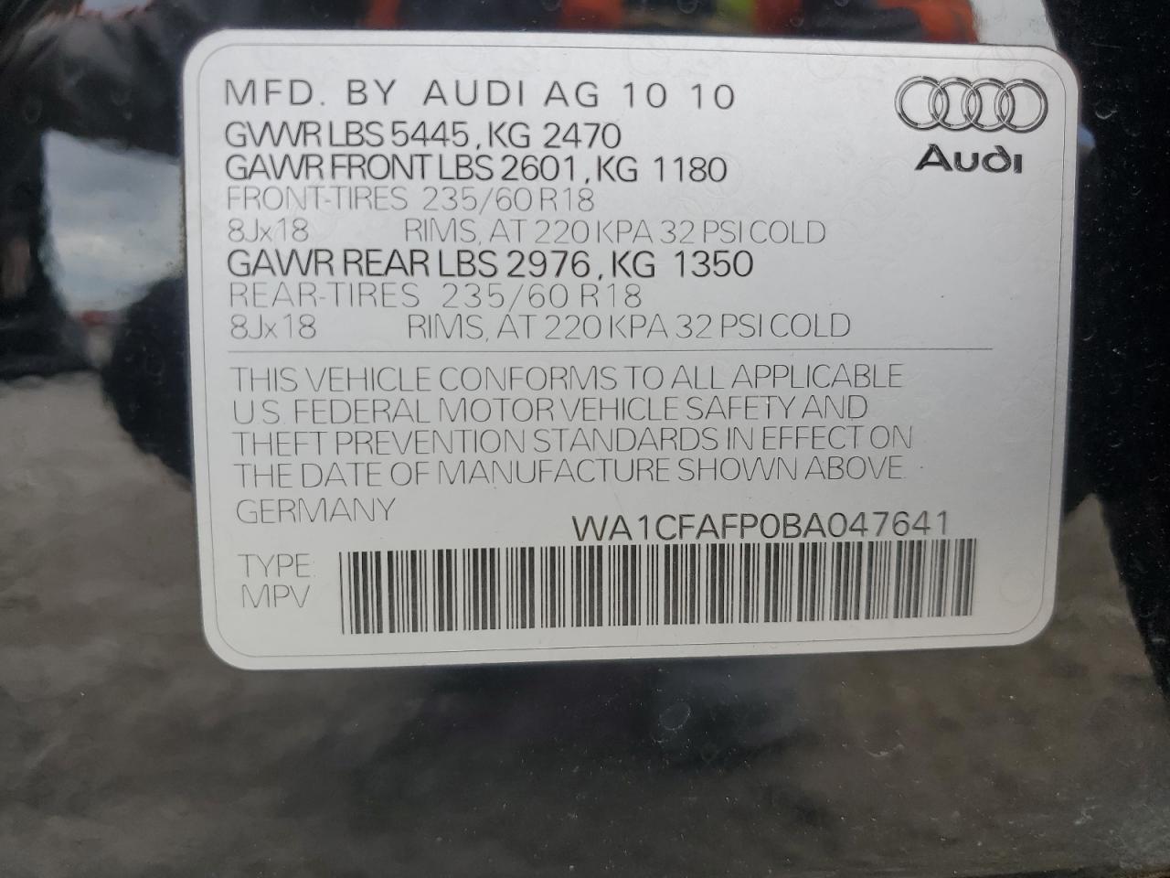 2011 Audi Q5 Premium VIN: WA1CFAFP0BA047641 Lot: 83964115