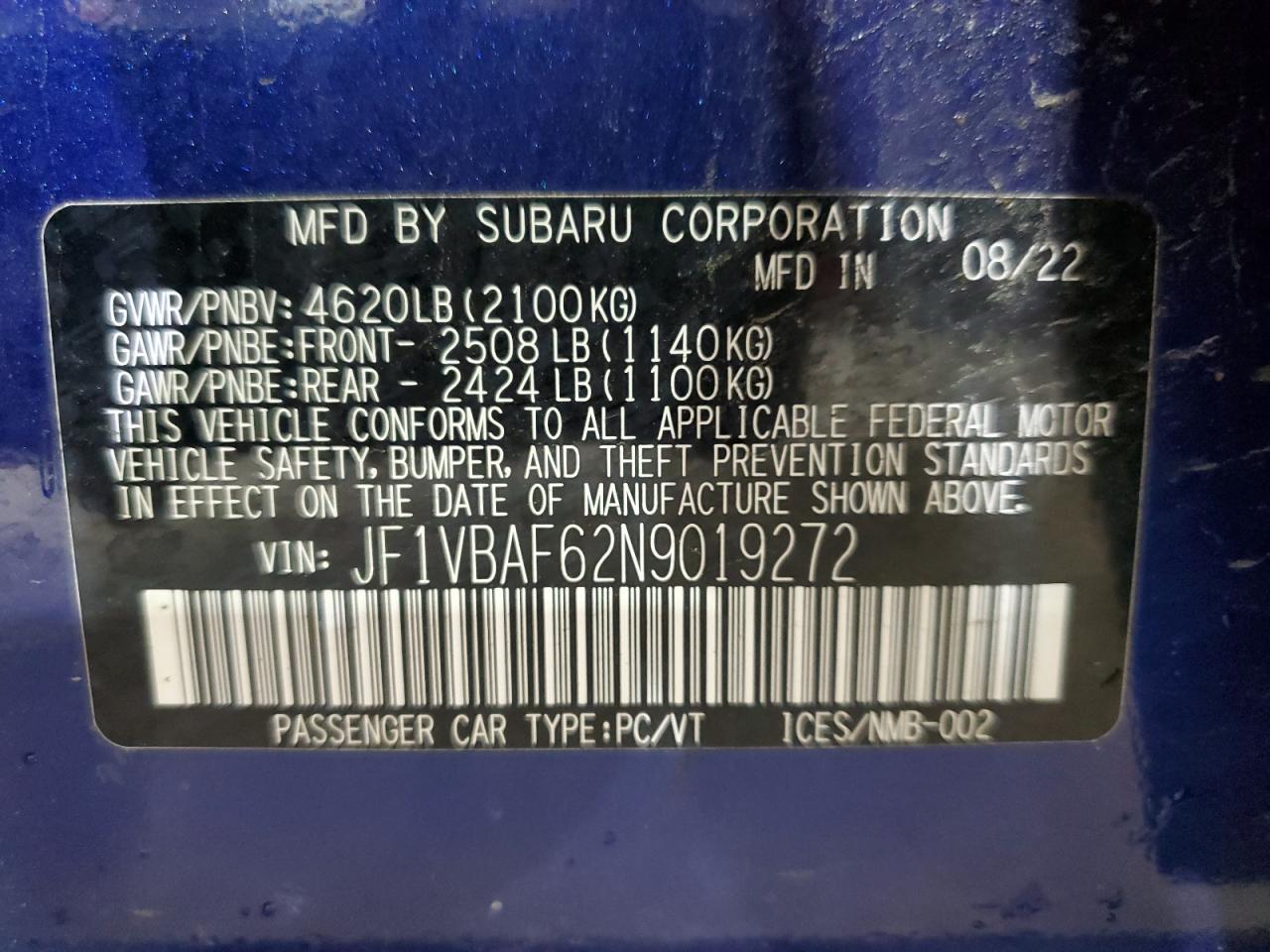 2022 Subaru Wrx Premium VIN: JF1VBAF62N9019272 Lot: 81566885