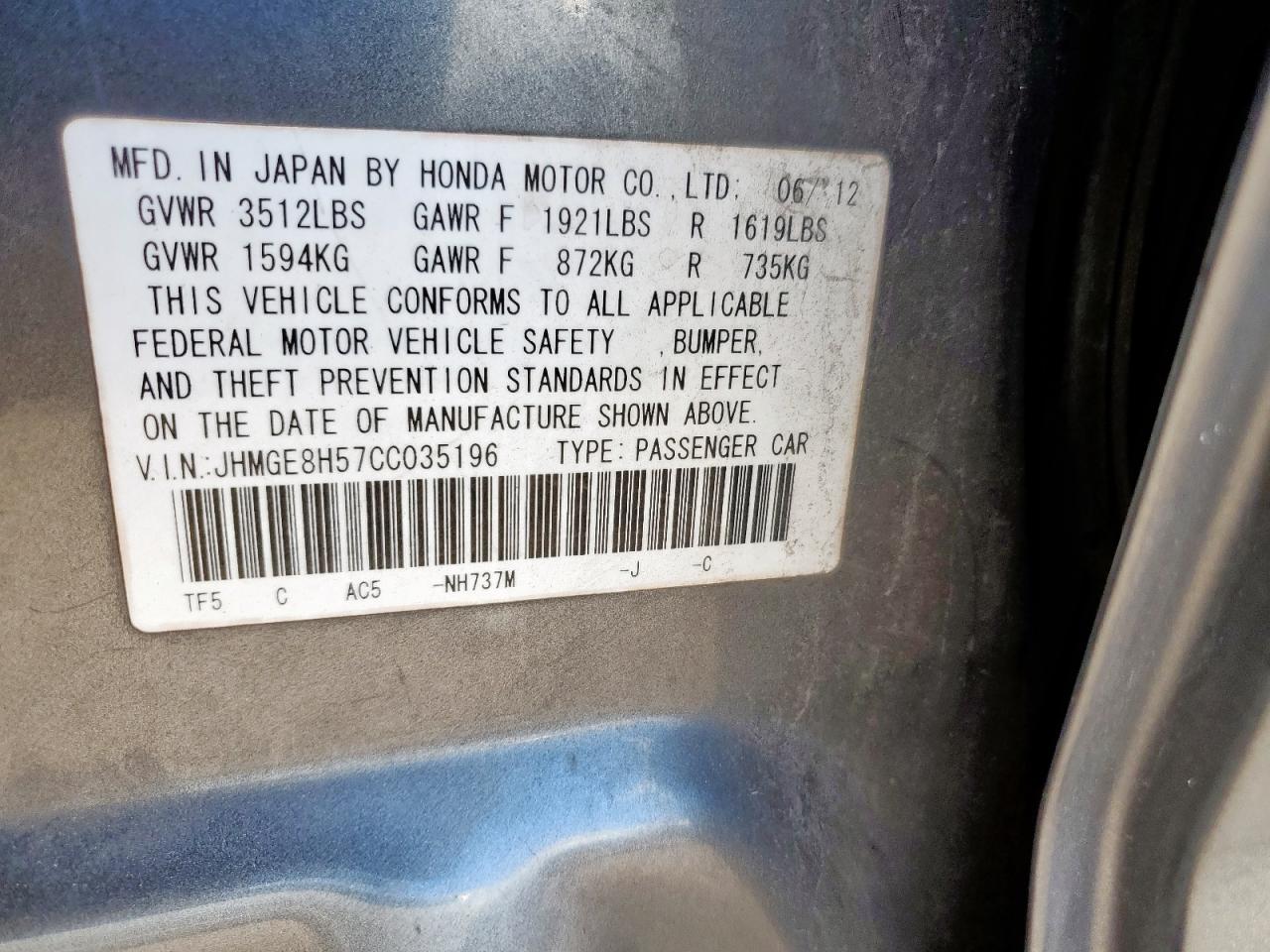 2012 Honda Fit Sport VIN: JHMGE8H57CC035196 Lot: 72073075