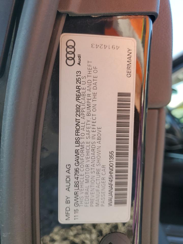 2017 Audi A4 Premium VIN: WAUANAF45HN001355 Lot: 72084595