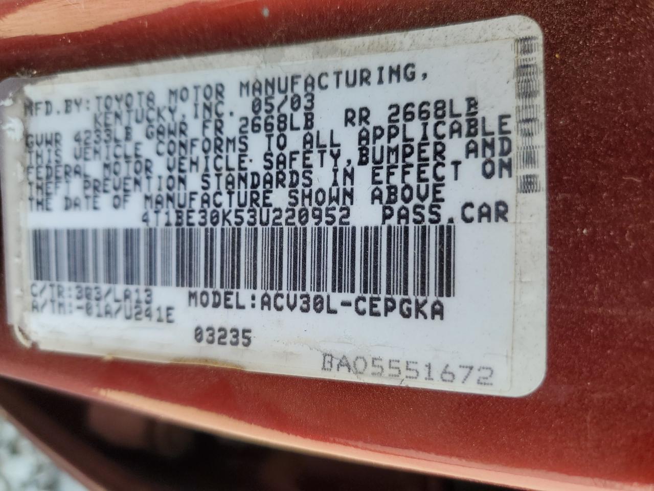 2003 Toyota Camry Le VIN: 4T1BE30K53U220952 Lot: 70885845