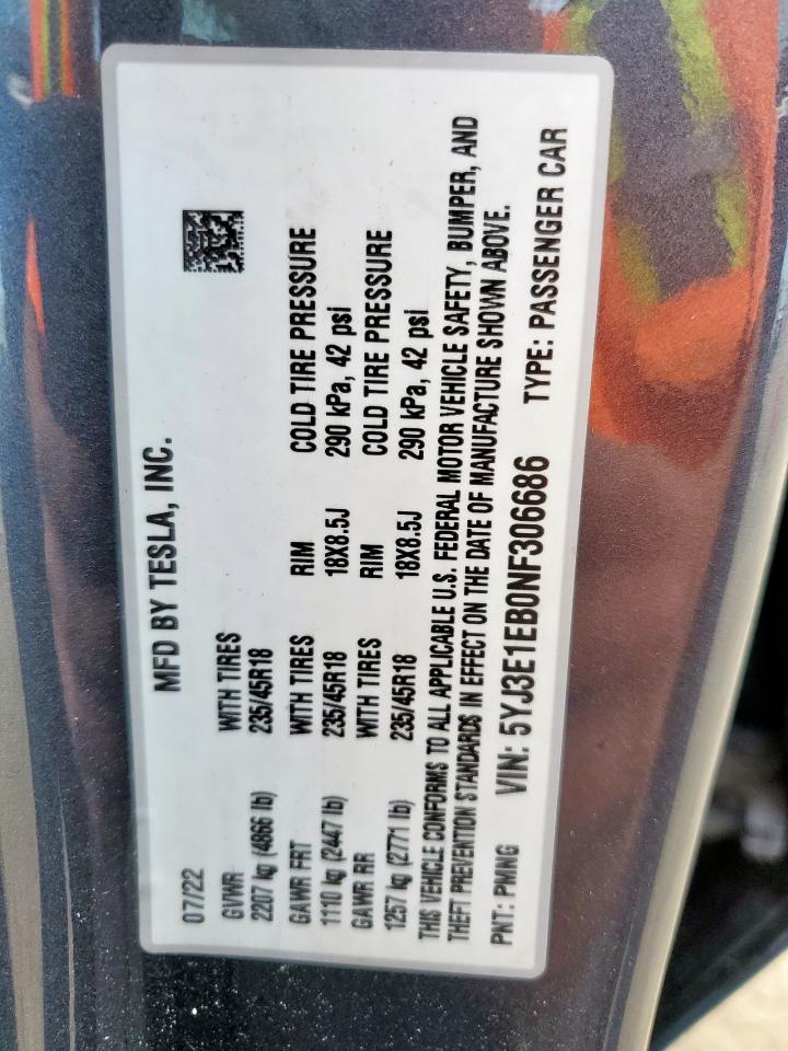 2022 Tesla Model 3 VIN: 5YJ3E1EB0NF306686 Lot: 84369755