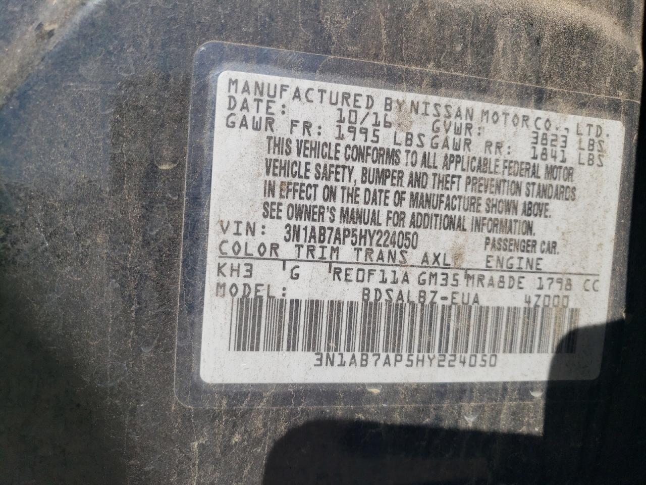 2017 Nissan Sentra S VIN: 3N1AB7AP5HY224050 Lot: 81071415