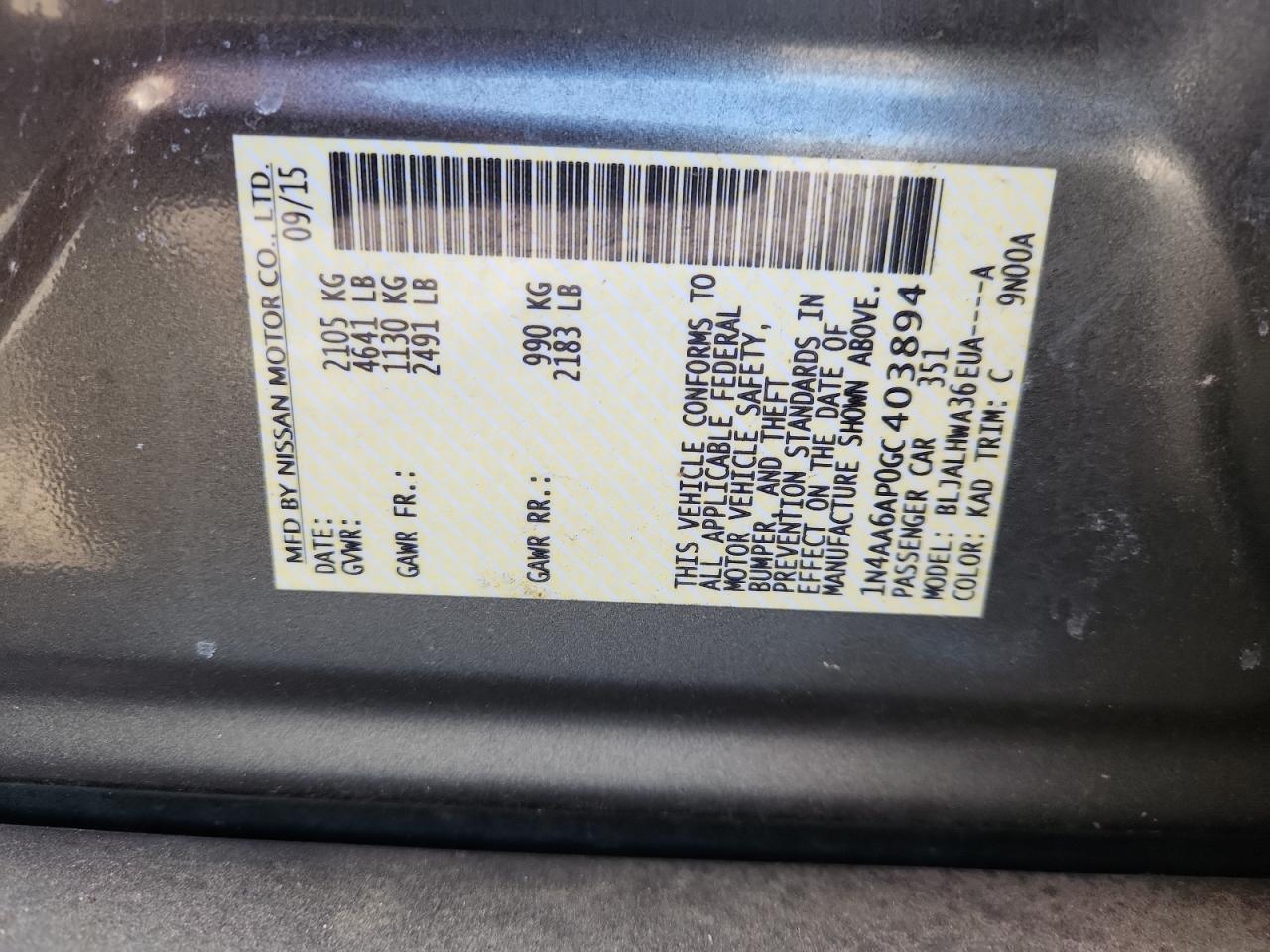 2016 Nissan Maxima 3.5S VIN: 1N4AA6AP0GC403894 Lot: 80189895