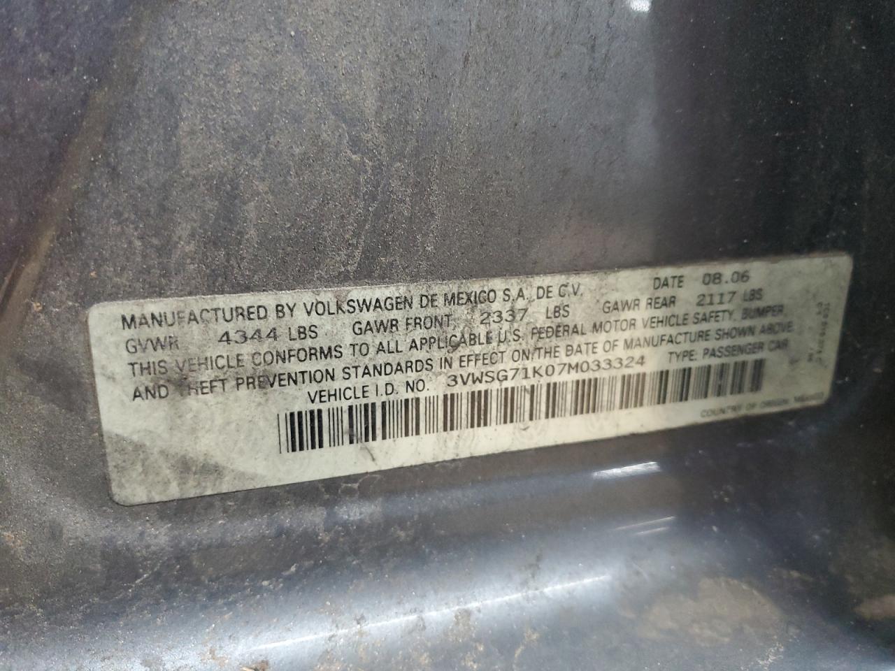 2007 Volkswagen Jetta 2.5 Option Package 1 VIN: 3VWSG71K07M033324 Lot: 84459965