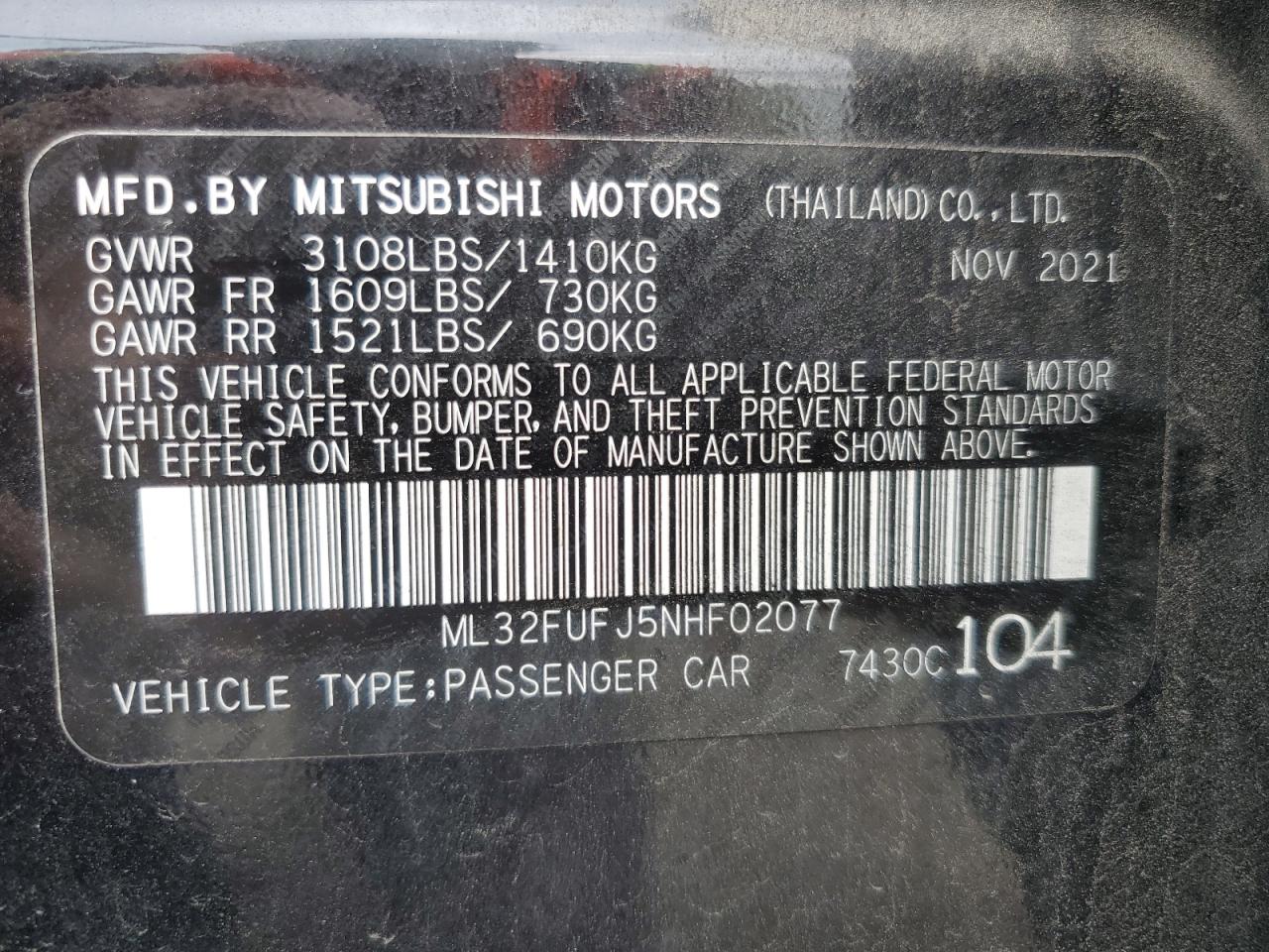 2022 Mitsubishi Mirage G4 Es VIN: ML32FUFJ5NHF02077 Lot: 84021795