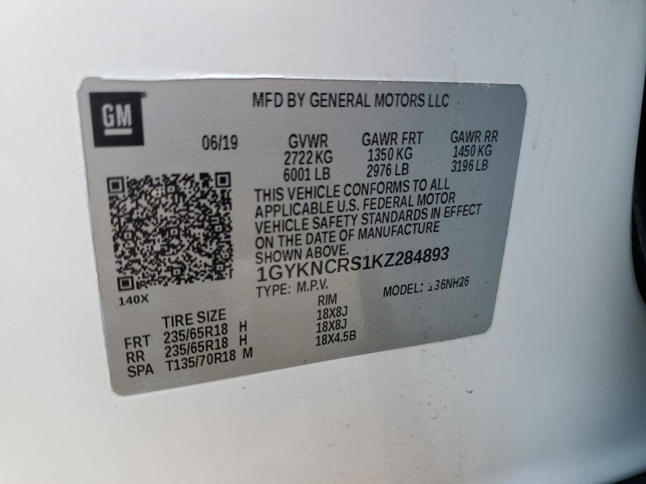 2019 Cadillac Xt5 Luxury VIN: 1GYKNCRS1KZ284893 Lot: 71311935