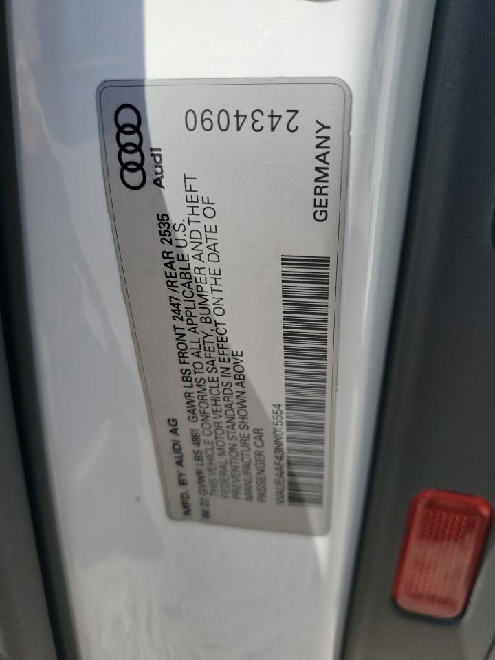 2022 Audi A4 Premium Plus 45 VIN: WAUEAAF43NN015554 Lot: 71324755