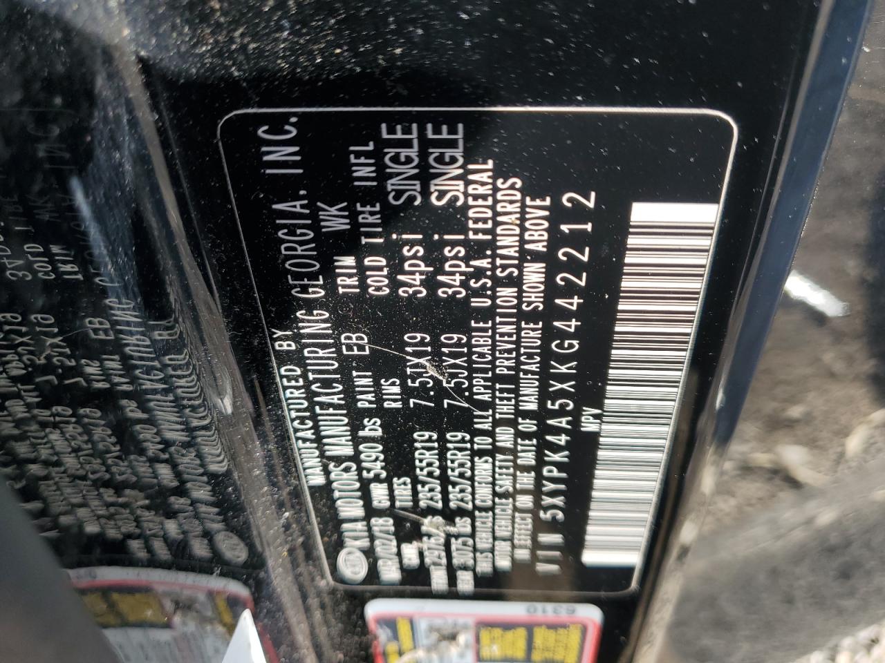 2019 Kia Sorento Sx VIN: 5XYPK4A5XKG442212 Lot: 71465275