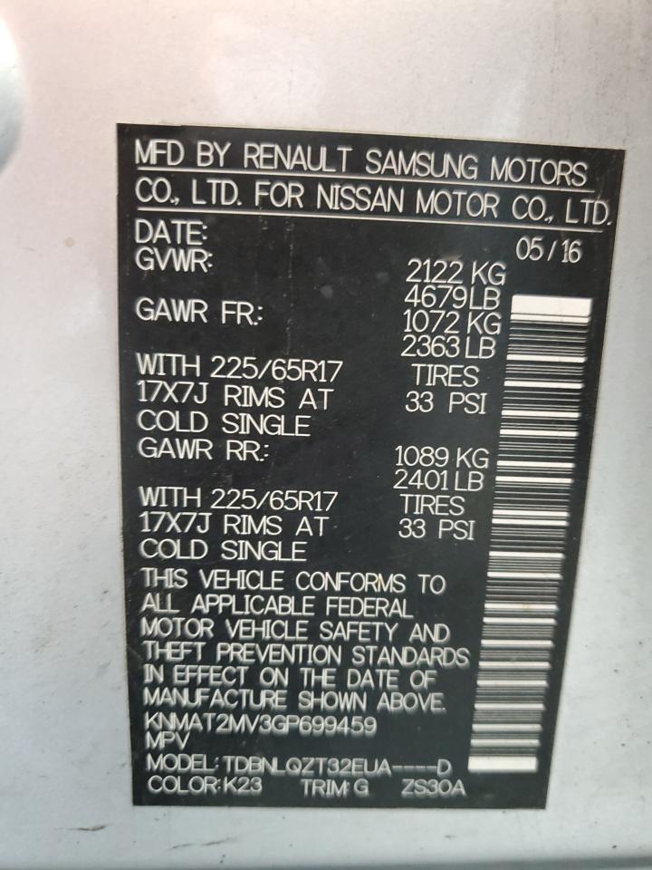 2016 Nissan Rogue S VIN: KNMAT2MV3GP699459 Lot: 81748085