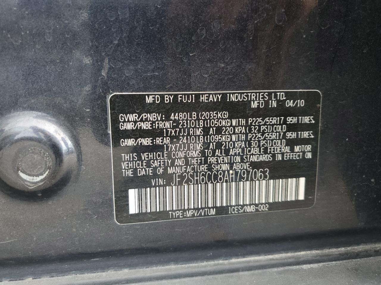 2010 Subaru Forester 2.5X Premium VIN: JF2SH6CC8AH797063 Lot: 84163745