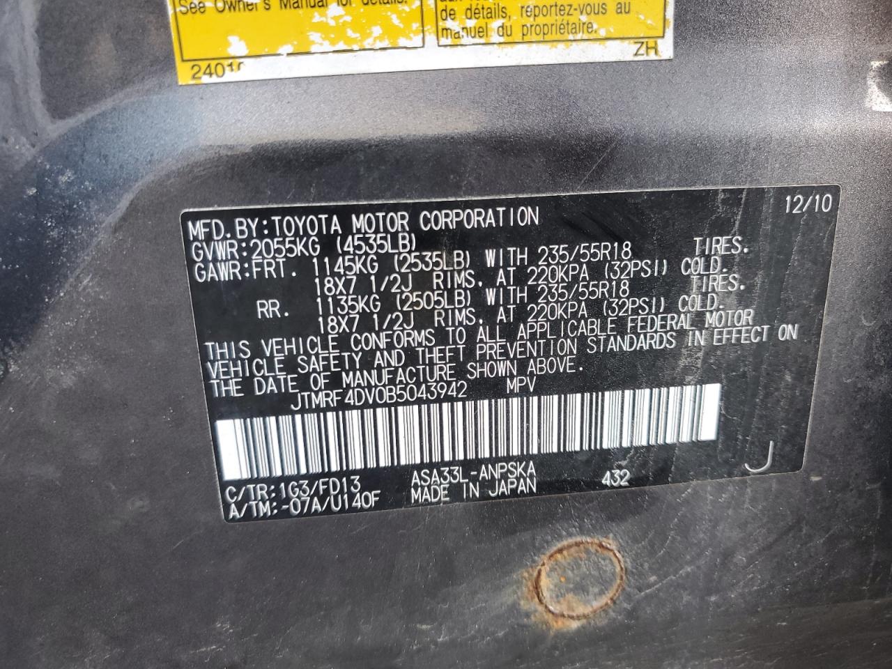 2011 Toyota Rav4 Sport VIN: JTMRF4DV0B5043942 Lot: 70809825