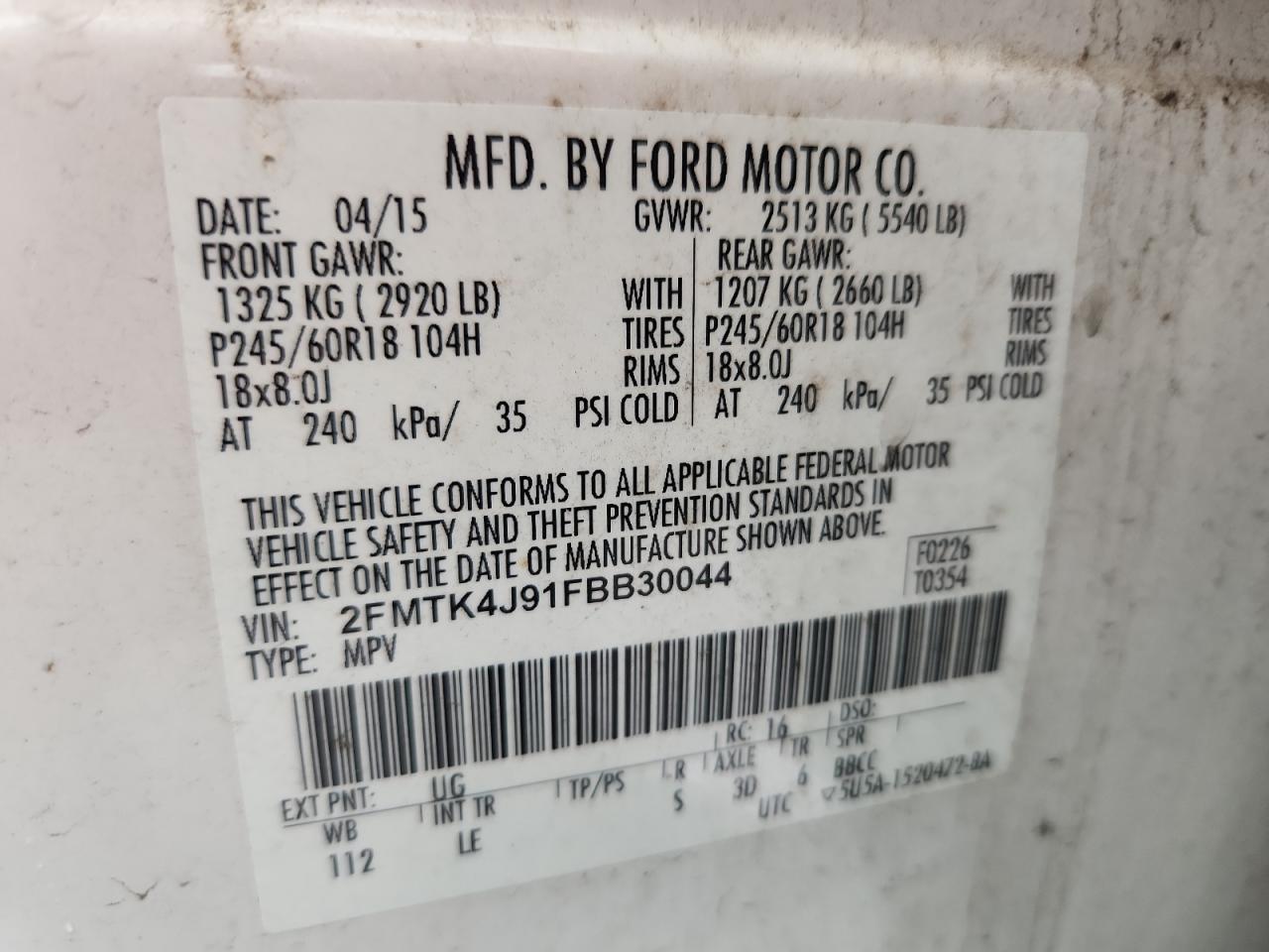 2015 Ford Edge Sel VIN: 2FMTK4J91FBB30044 Lot: 80888535