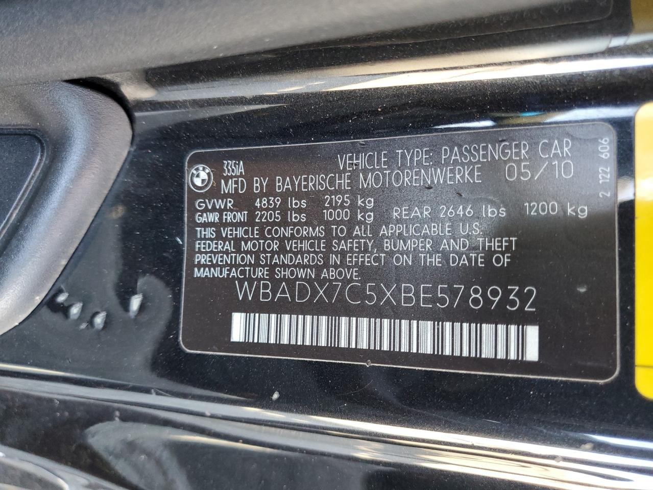 2011 BMW 335 I VIN: WBADX7C5XBE578932 Lot: 71095645