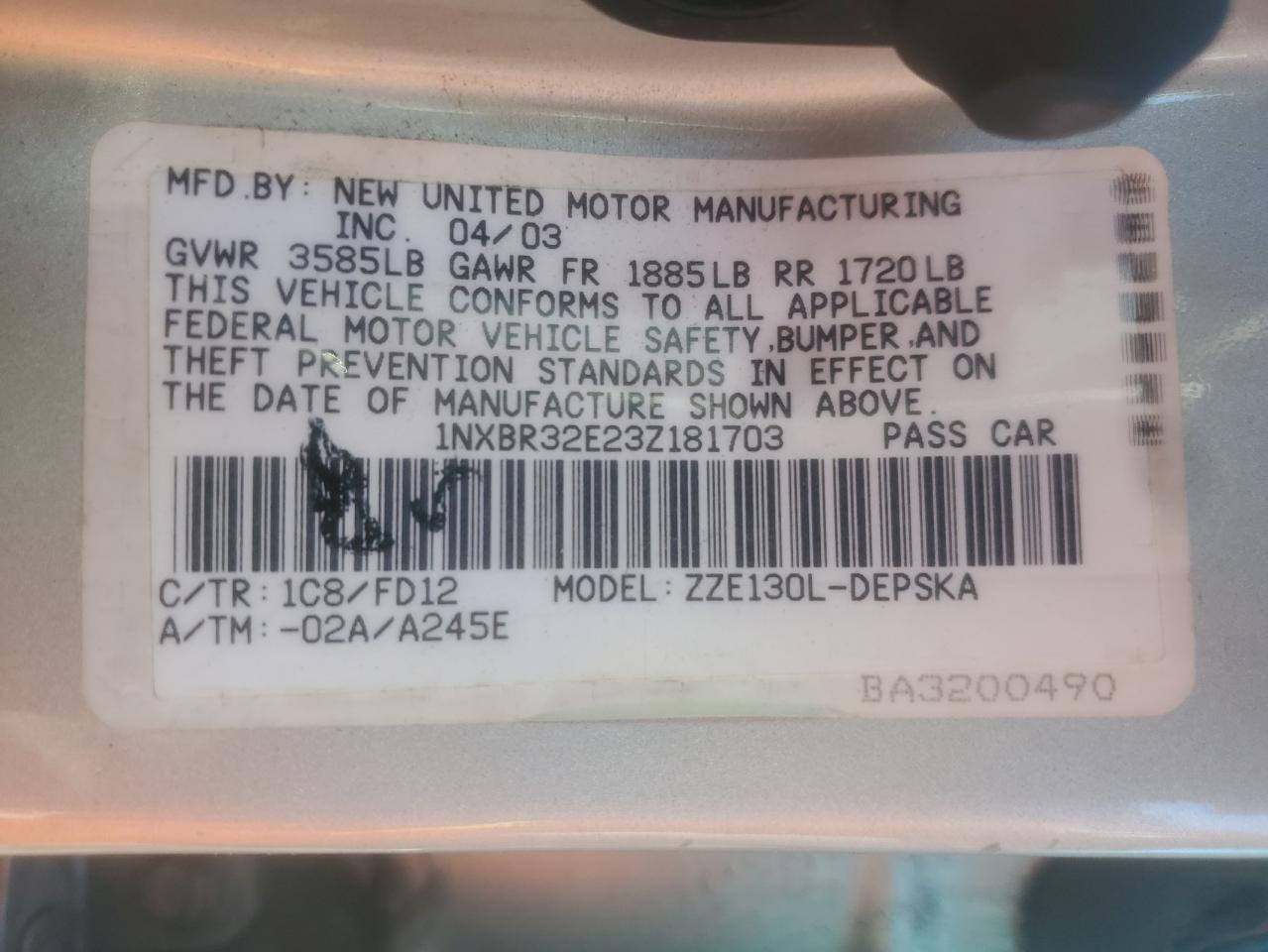 2003 Toyota Corolla Ce VIN: 1NXBR32E23Z181703 Lot: 81988875