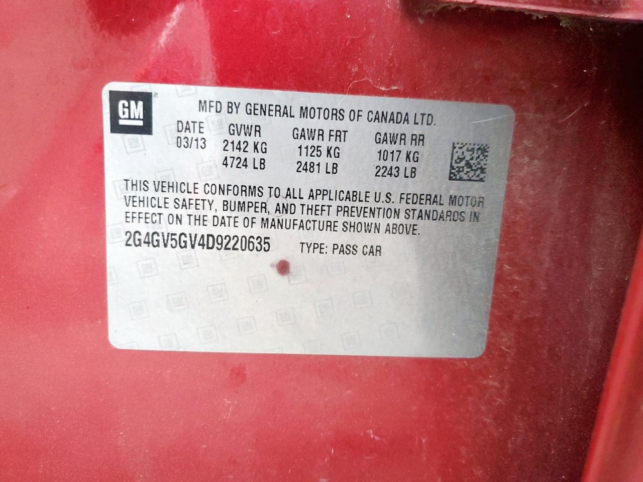 2013 Buick Regal Gs VIN: 2G4GV5GV4D9220635 Lot: 82136635