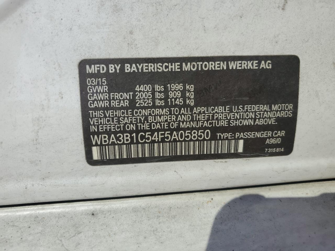 2015 BMW 320 I VIN: WBA3B1C54F5A05850 Lot: 84457205